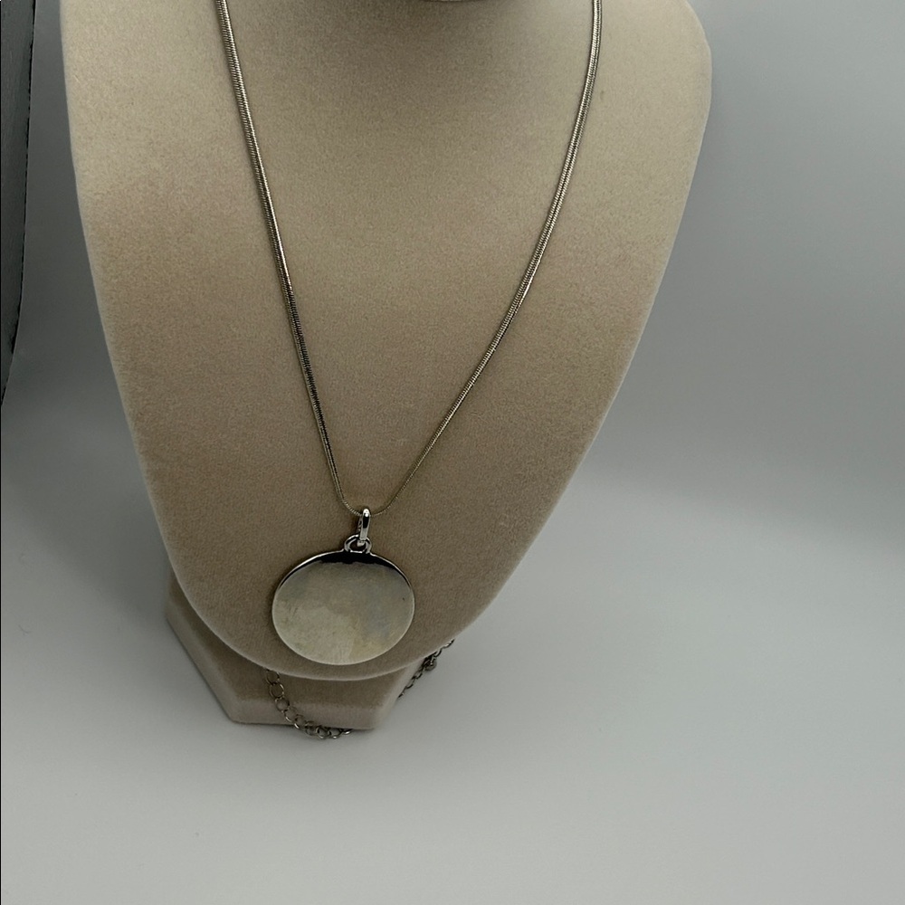 Round Disk Pendant Necklace 31" Long Chain Adjustable Silver Tone Fashion - Picture 8 of 10
